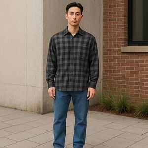 Haggar Plaid Button-Up Dress Shirt Blue/Gray/Black Size Medium Polyester
